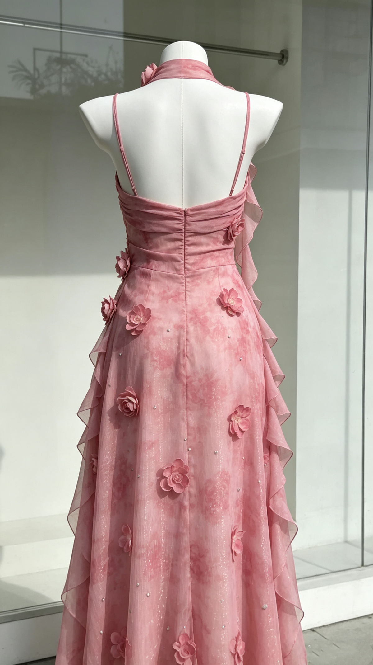 Gorgeous Pink Floral Chiffon Maxi Dress 3D Flowers and Scarf Elegant Prom Gown TP5757