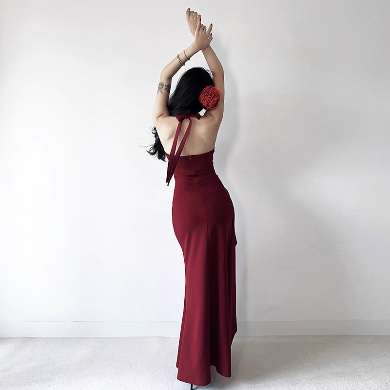 Retro Burgundy/Black Halter-neck 3D Flower Sheath High Slit Long Summer Dresses Prom Dress Evening Dress TP4360