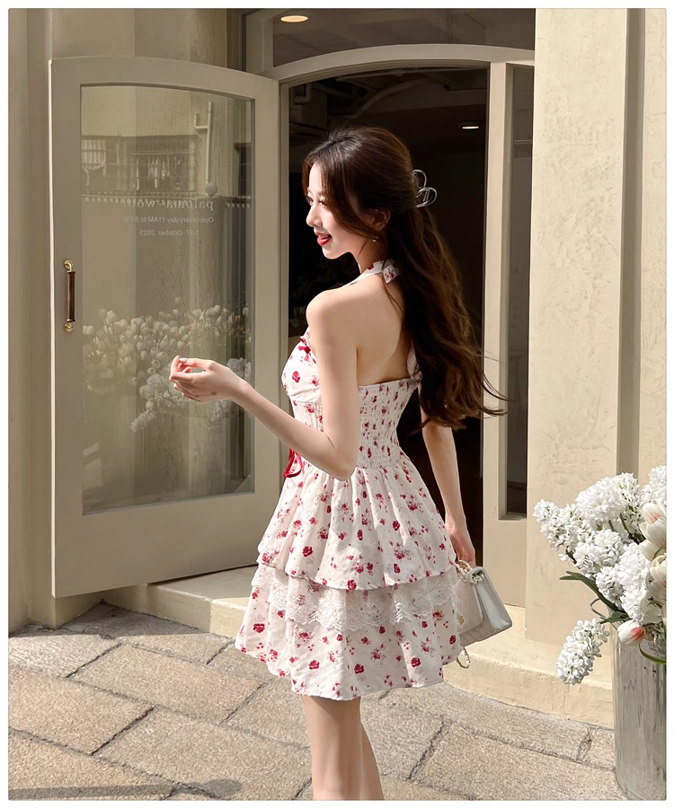 New Fashion Red Floral Print Bow Design A-line Halter Dress TP3342