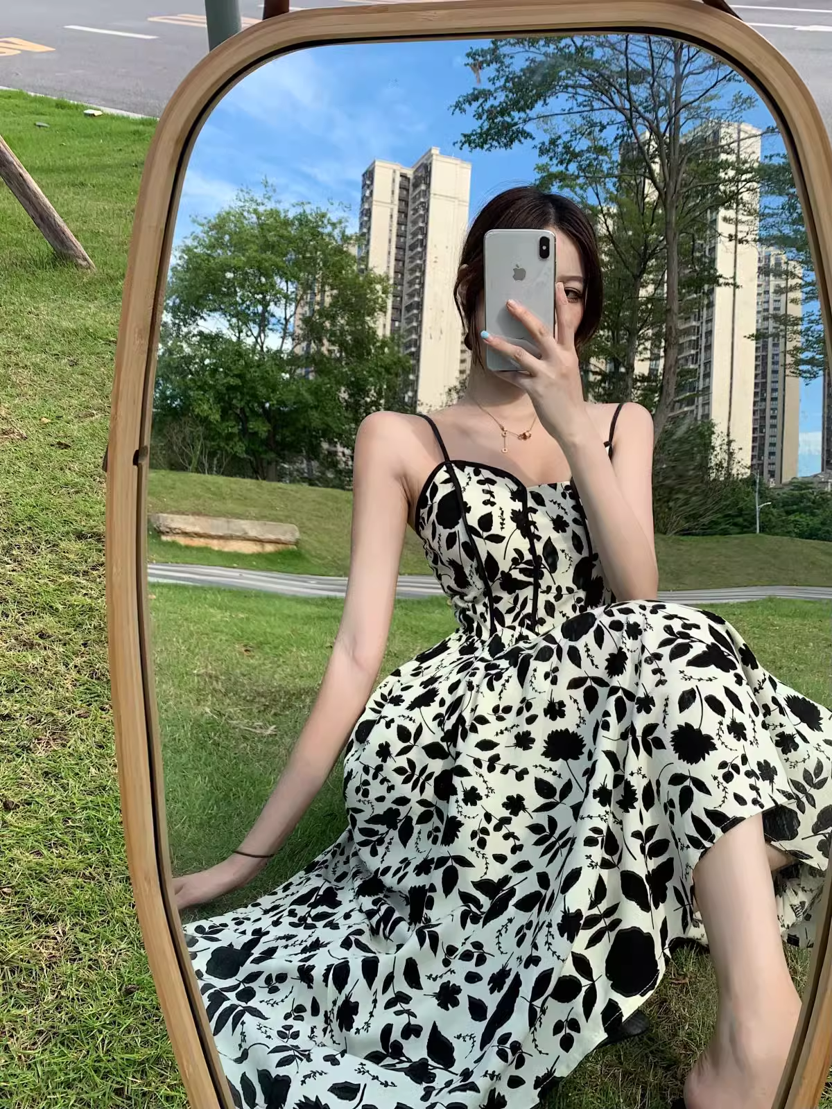 New Fashion Stylish Floral High-waisted Spaghetti Strap Dress TP2989