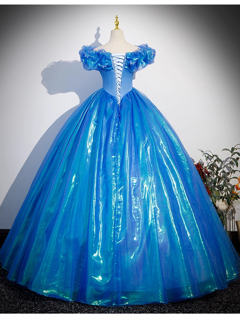 Vintage Blue Off-the-shoulder Tulle Cinderella Style Quinceanera Ball Gown TP5196