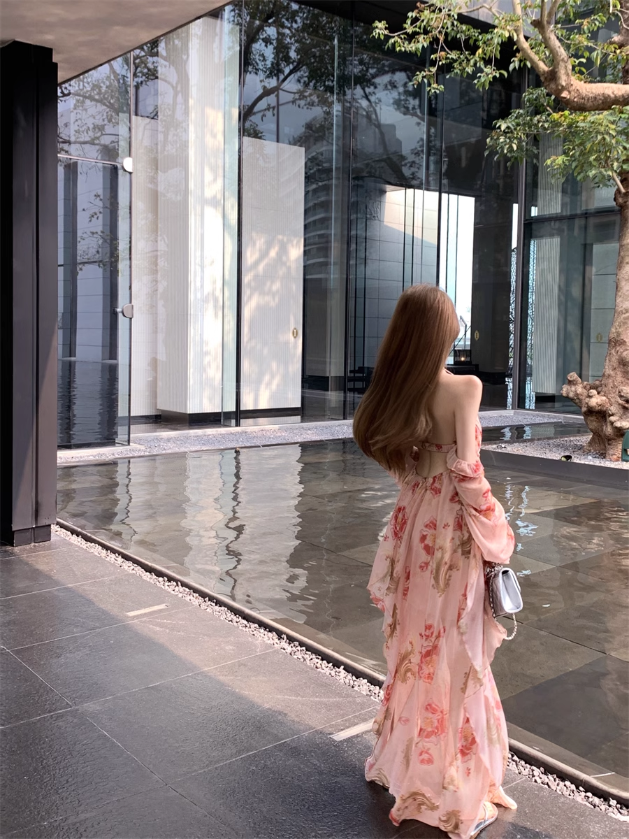 Fashion Pink Off-the-shoulder Design A-line Floral Dress TP3427