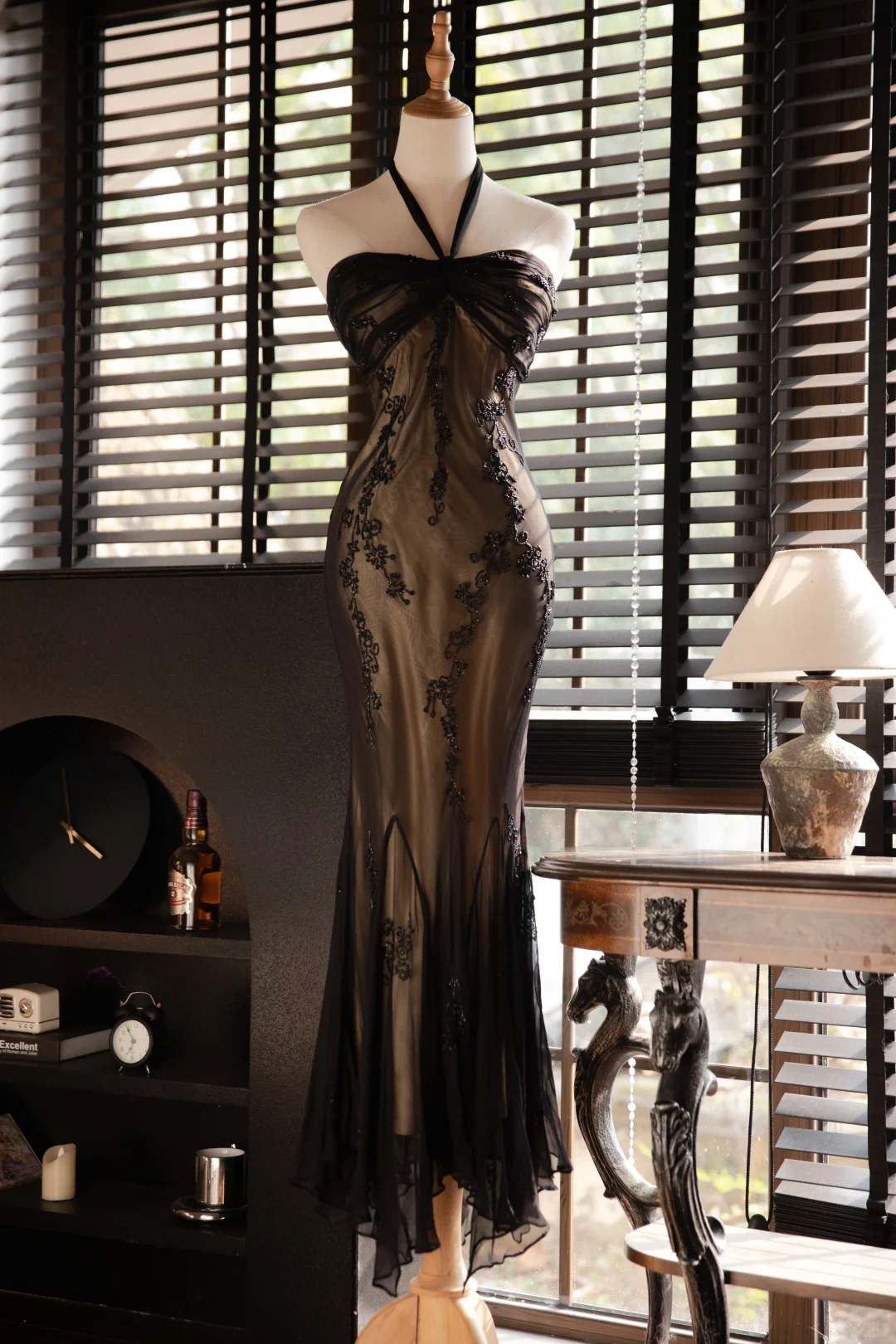 Vintage Black Applique Design Elegant Chiffon Evening Dress Prom Dress TP4016