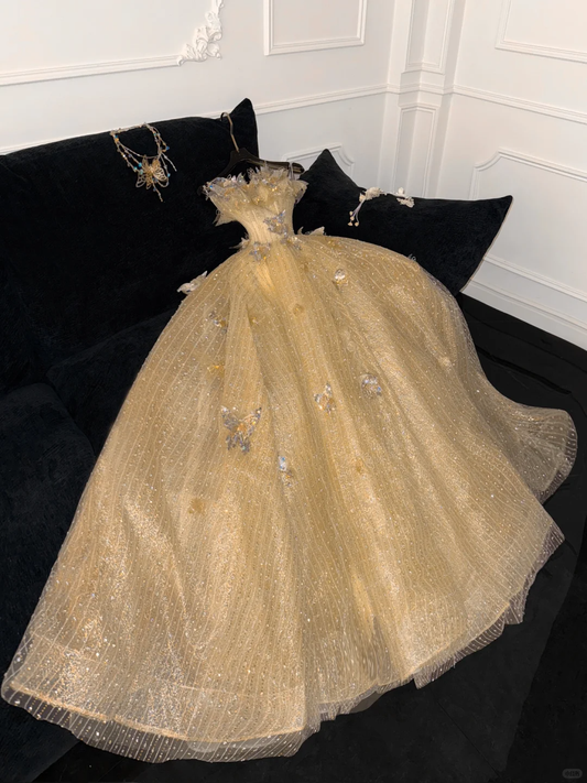 Gorgeous Shiny Yellow Sequin Beaded 3D Butterflies A-Line Floor-length Evening Dress Prom Dresses TP4187