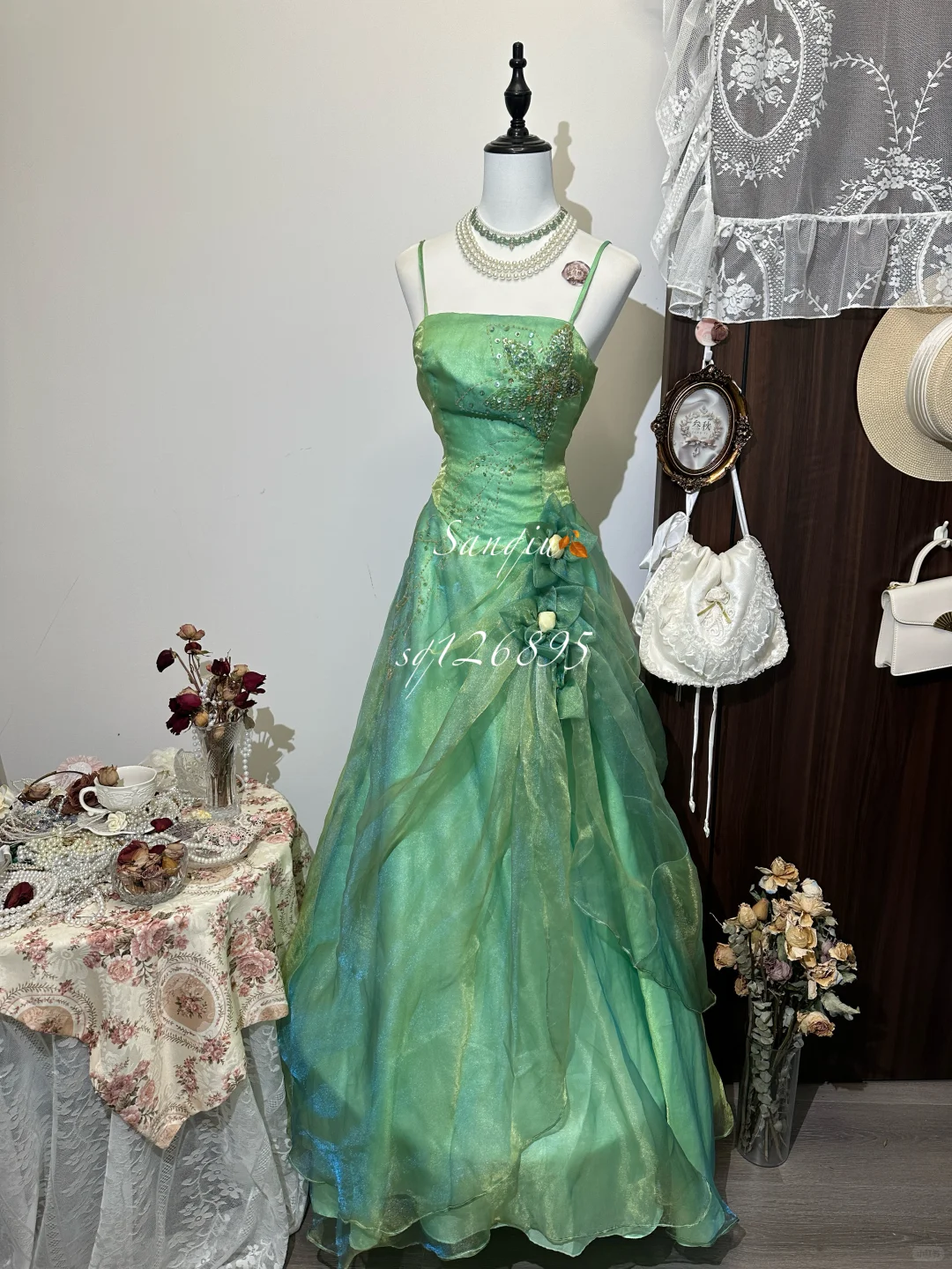 Vintage Green A-Line Beaded Spaghetti Strap Evening Dress A-Line 3D Flowers Long Prom Dress TP4991