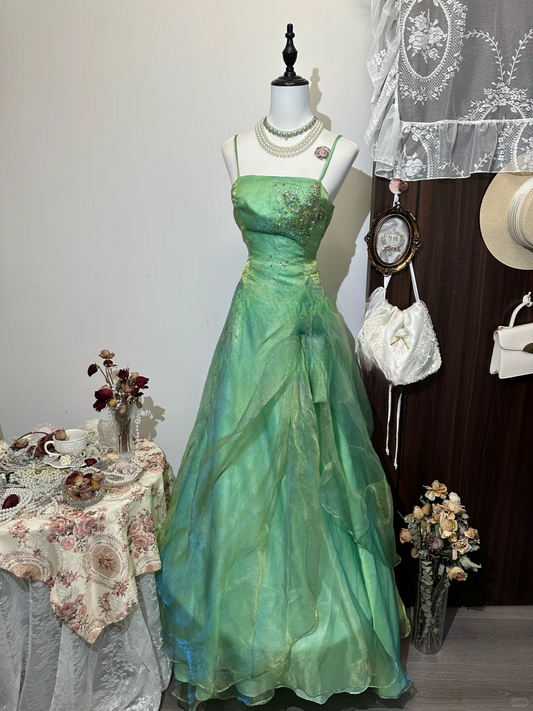 Vintage Green A-Line Beaded Spaghetti Strap Evening Dress A-Line 3D Flowers Long Prom Dress TP4991