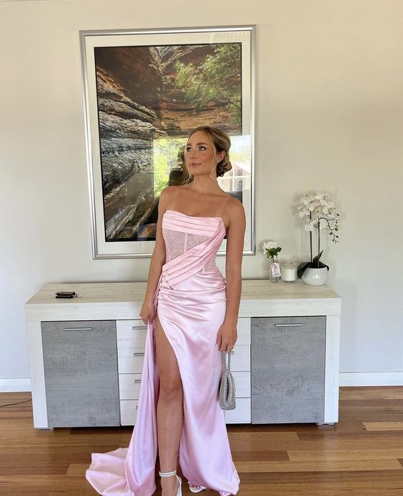 Elegant Satin Strapless High Slit Mermaid Long Prom Dress Party Dress Evening Dress TP4491