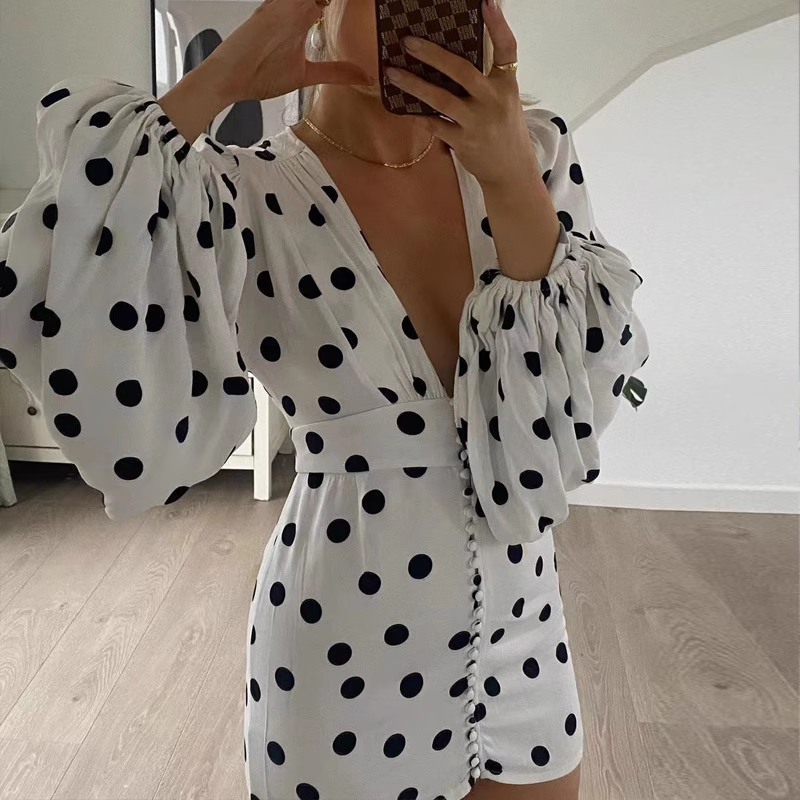 New Fashion V-neck Spot Design A-line Long-sleeved Women Party Dress TP3896