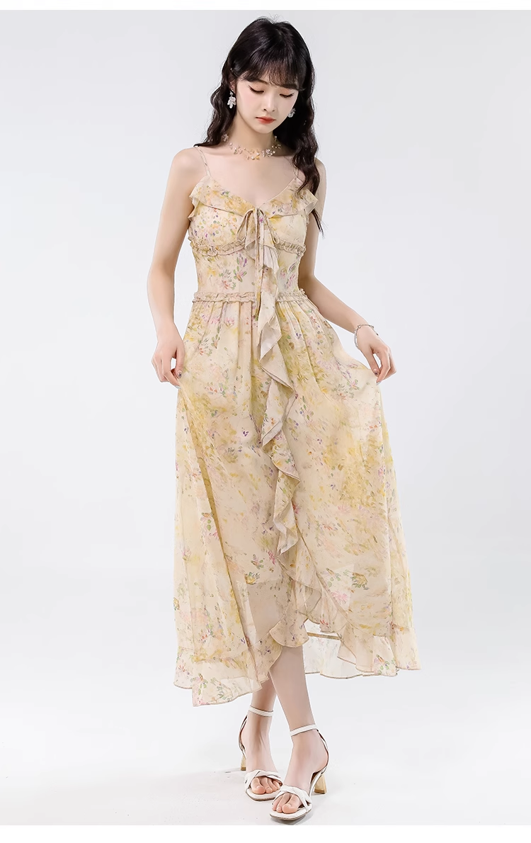 Vintage Yellow Ruffled Hem Floral Design Elegant A-line Spaghetti Strap Dress TP3360