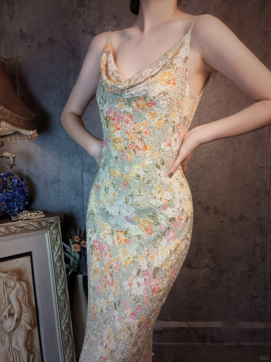 Vintage Floral Spaghetti Strap Sparkling Beaded Design Romantic Chiffon Evening Dress Prom Dress TP4027