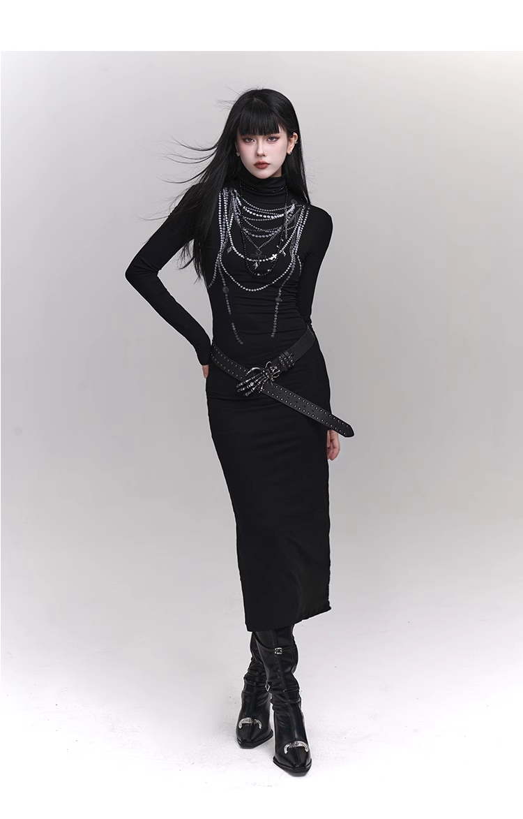 New fashion Dress Chain Design Black Turtleneck Knitted Base Long-sleeved Dress TP2940