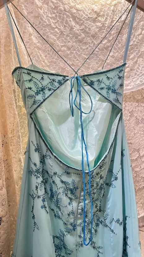 Vintage Gradient Blue Beaded Evening Gown Sheath Spaghetti Strap Party Dress Long Formal Dress TP4979