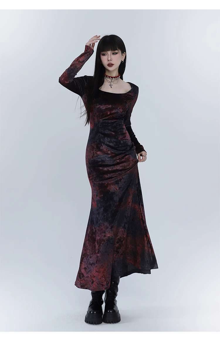 Elegant Design Sense Wine Red Velet Long-sleeved Dress TP2923