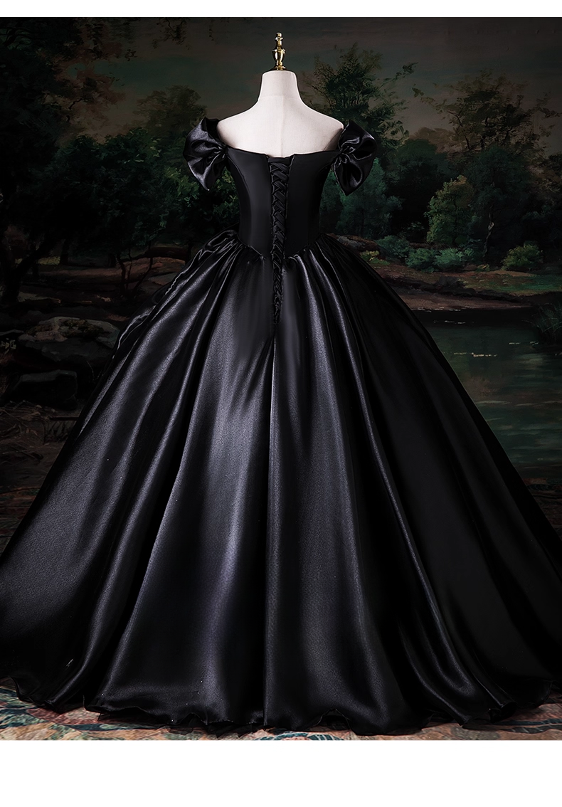 Elegant Black Satin Sweet 16 Quinceanera A-Line Off-the-shoulder Evening Dress Ruffled Ball Gown TP4934
