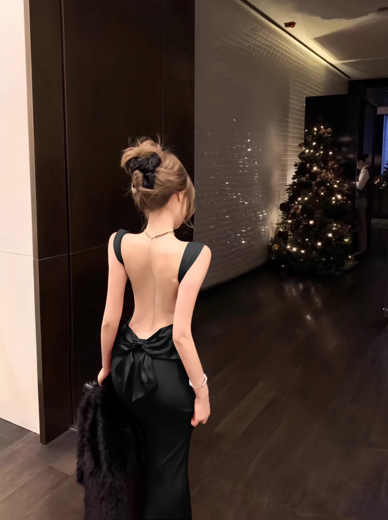 Elegant Black Bowknot Backless Mermaid Long Prom Dress Evening Dress TP4352