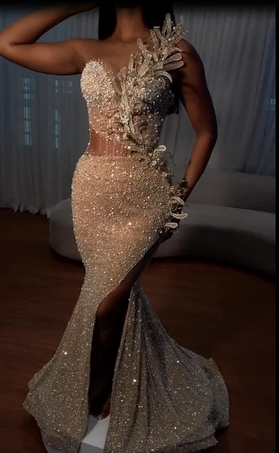 Gorgeous Strapless Prom Dress Glittering Beaded Evening Gown High Slit Party Dress Trailing Long Formal Dress TP4867