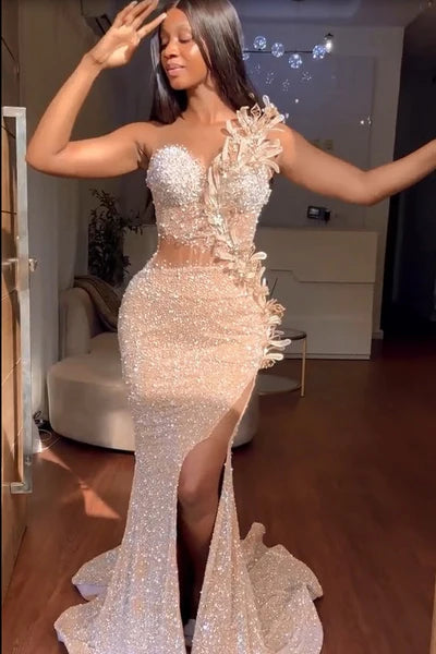 Gorgeous Strapless Prom Dress Glittering Beaded Evening Gown High Slit Party Dress Trailing Long Formal Dress TP4867