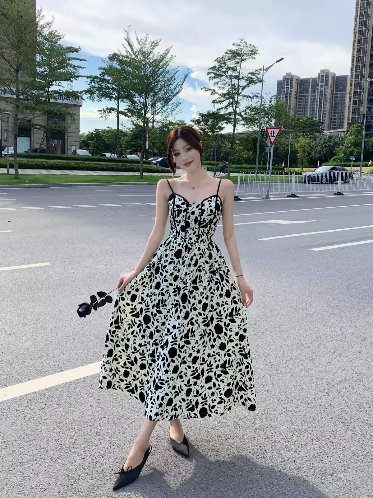 New Fashion Stylish Floral High-waisted Spaghetti Strap Dress TP2989