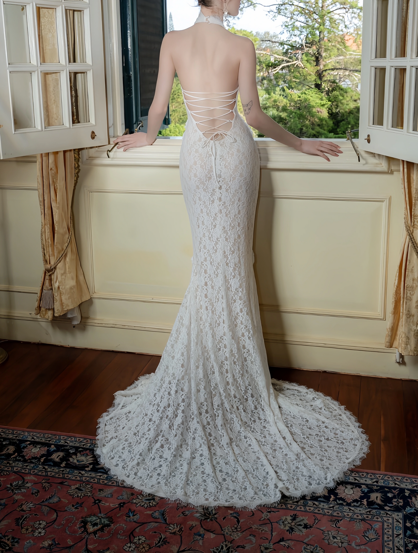 Elegant Lace Mermaid Evening Gown Halter-neck Party Dress Lace-up Long Formal Dress TP4929