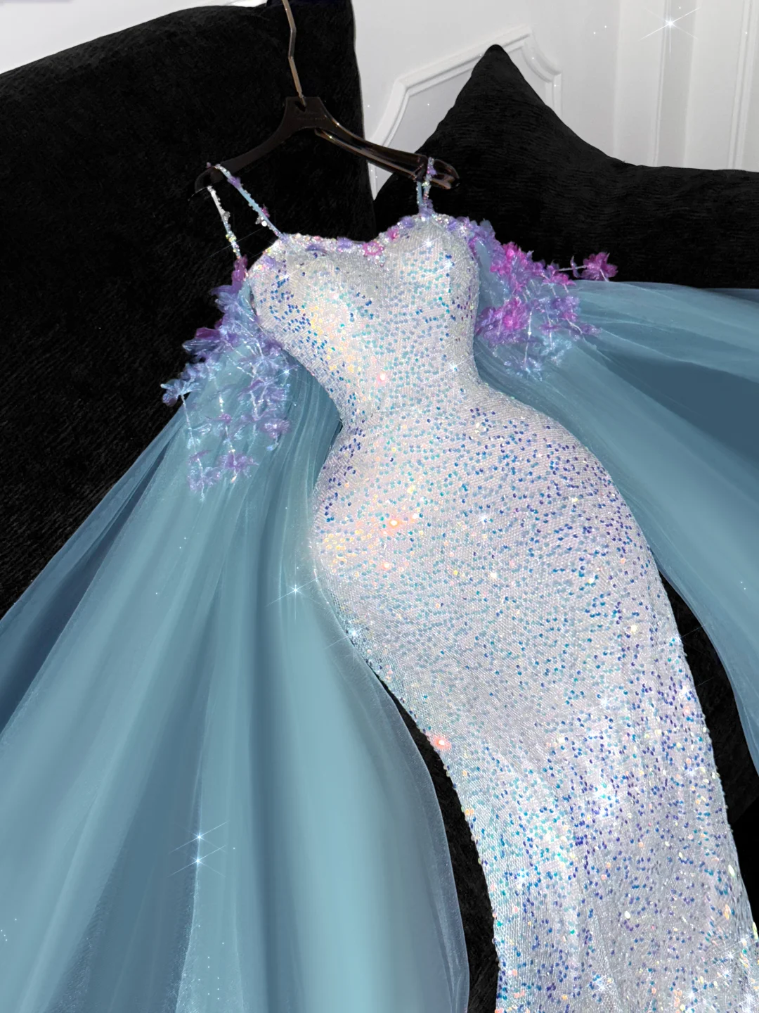 Vintage Shiny Sequined Sweetheart Spaghetti Strap Design Mermaid Prom Dress Evening Dress TP4223