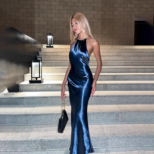 Elegant Shiny Satin Prom Dress Halter-neck Evening Gown Sheath Party Dress Long Formal Dress TP4843