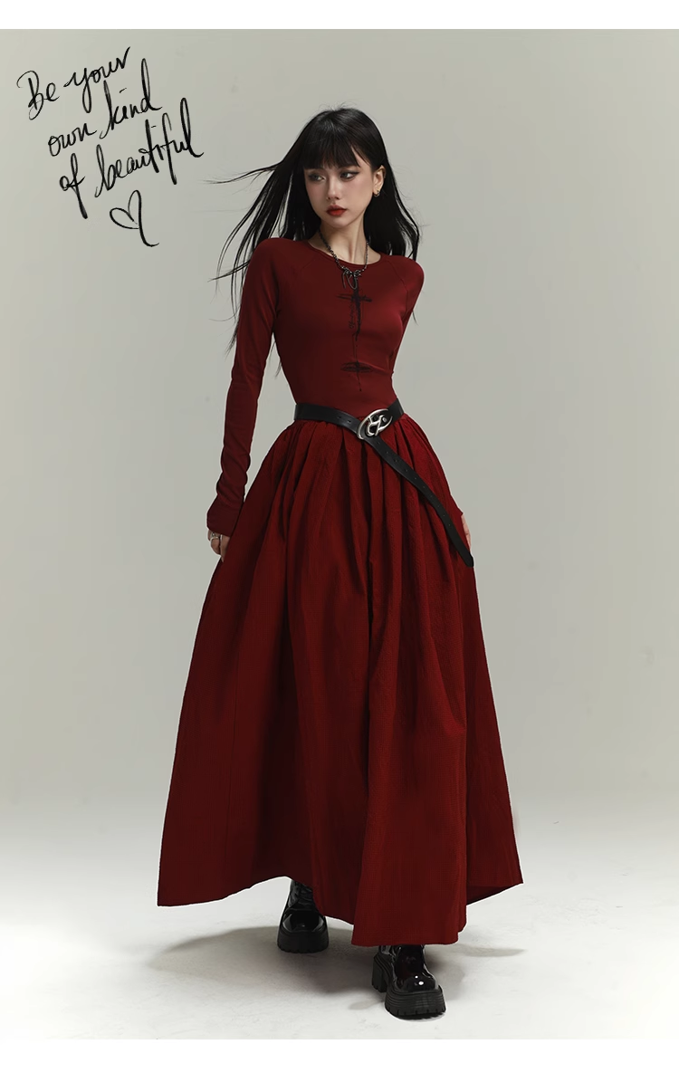 Vintage Elegant Simple Backless Red Long-sleeved Dress TP2917