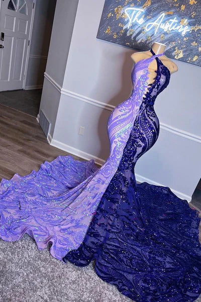 Gorgeous Purple Halter-neck Prom Dress Glittering Beaded Evening Gown Mermaid Party Dress Long Formal Dress TP4864