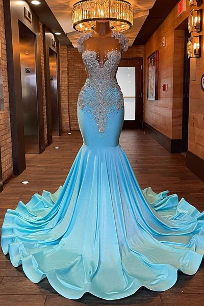 Vintage Glittering Beaded Prom Dress Sky Blue Evening Gown Mermaid Party Dress Long Formal Dress TP4861