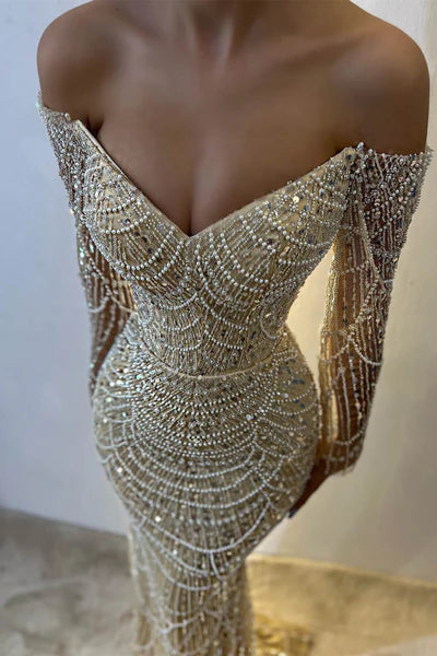 Vintage Champagne Prom Dress Glittering Beaded Sequin Evening Off-the-shoulder Party Dress Long Formal Dress TP4847