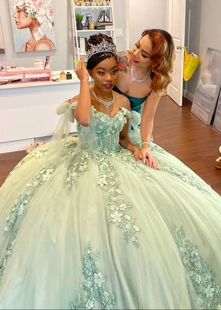 Gorgeous Sage Green Applique Sweetheart Off-the-shoulder Sweet 16 Quinceanera A-Line Floor-length Prom Dress Evening Dress Ball Gown TP4396