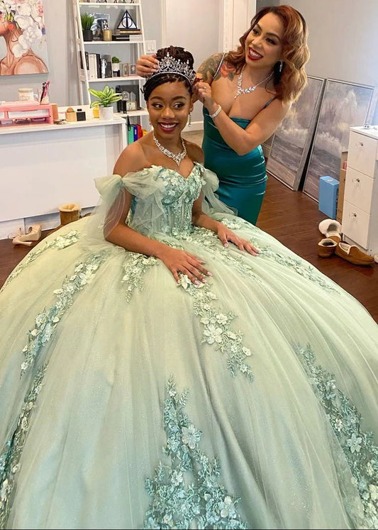 Gorgeous Sage Green Applique Sweetheart Off-the-shoulder Sweet 16 Quinceanera A-Line Floor-length Prom Dress Evening Dress Ball Gown TP4396