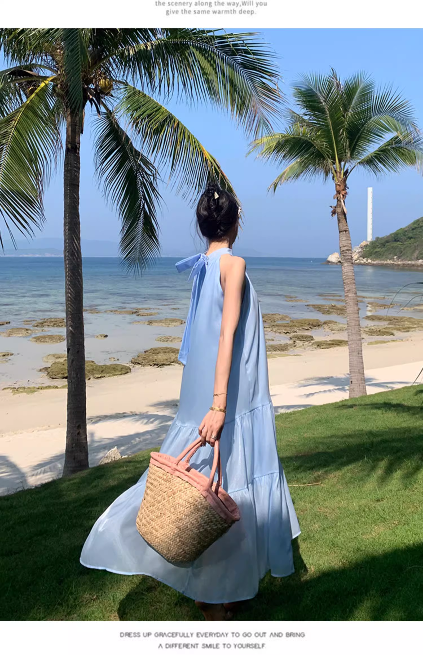 Simple Elegant Blue Design Beach Holiday Halter Dress TP3070