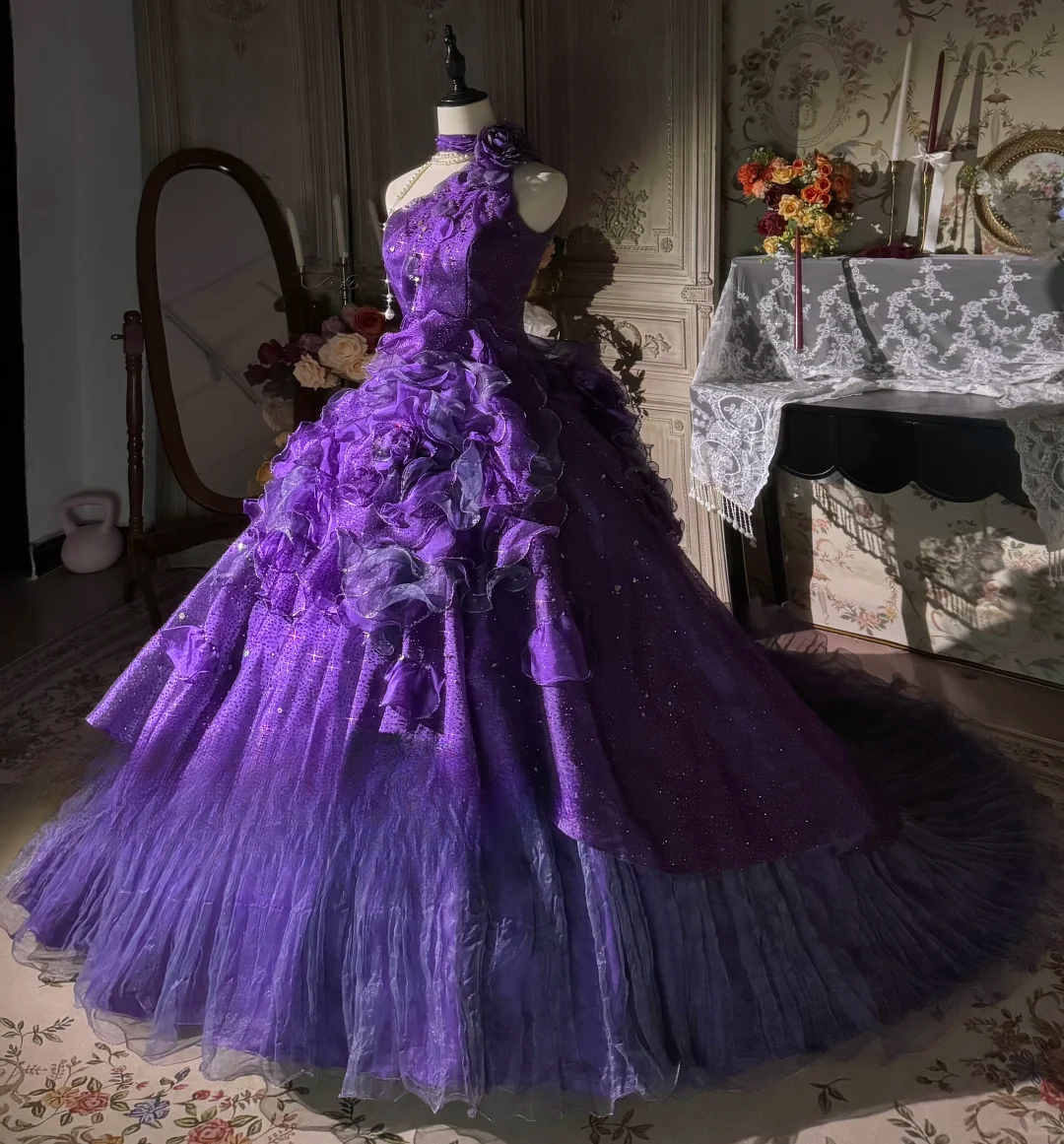 Vintage Purple One-Shoulder Ruffled Ball Gown Glitter Tulle Floral Embellished Formal Dress TP5130