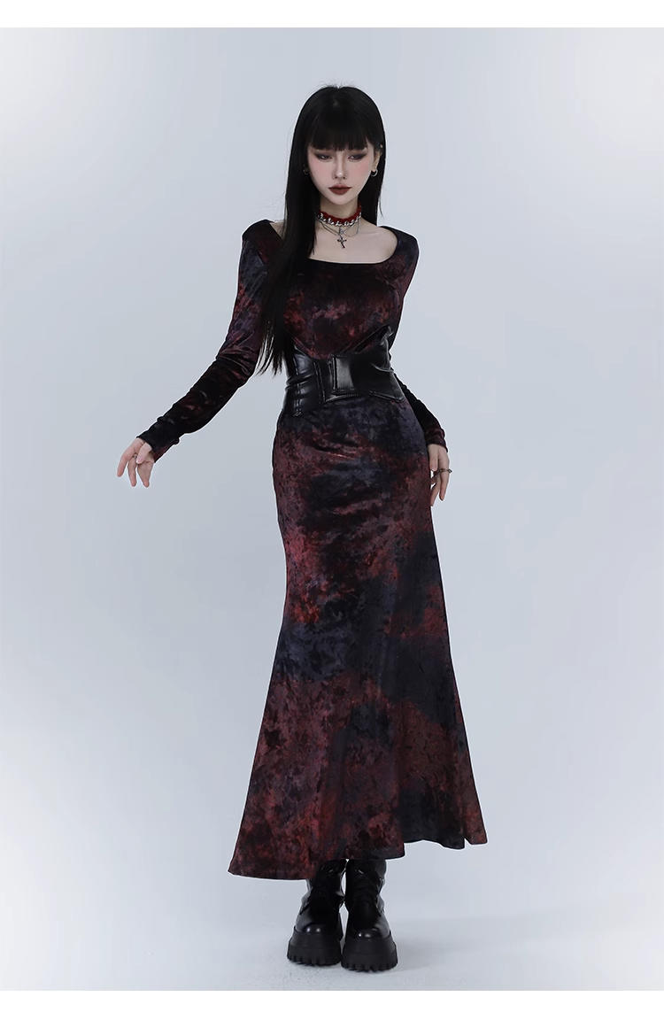 Elegant Design Sense Wine Red Velet Long-sleeved Dress TP2923