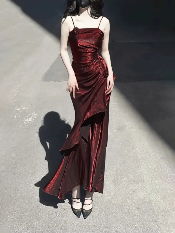Vintage Burgundy Spaghetti Strap Ruffle Design Elegant A-line Evening Dress Prom Dress TP4112
