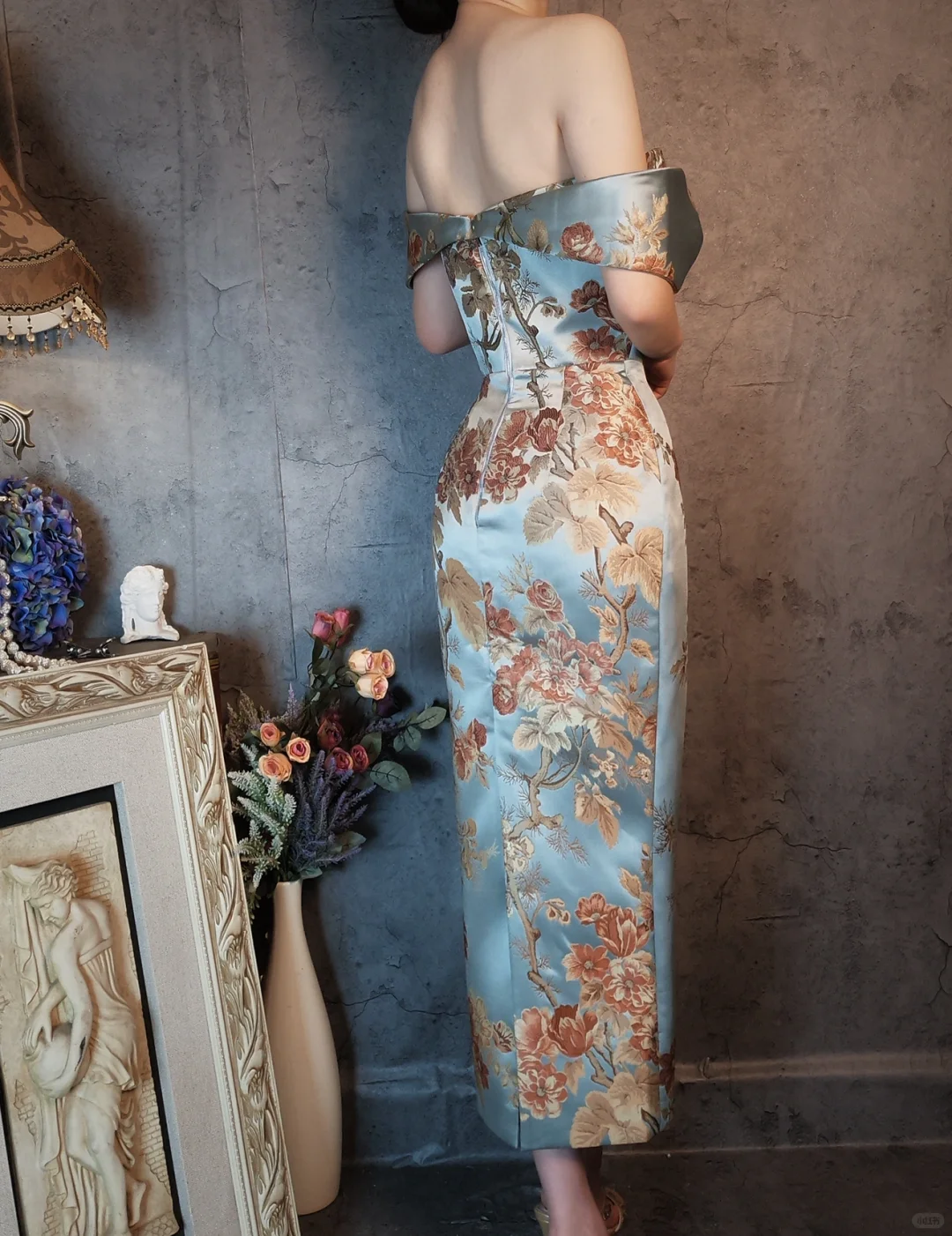 Vintage Floral Off-the-shoulder Sweetheart Design Elegant Satin Evening Dress Prom Dress TP4031