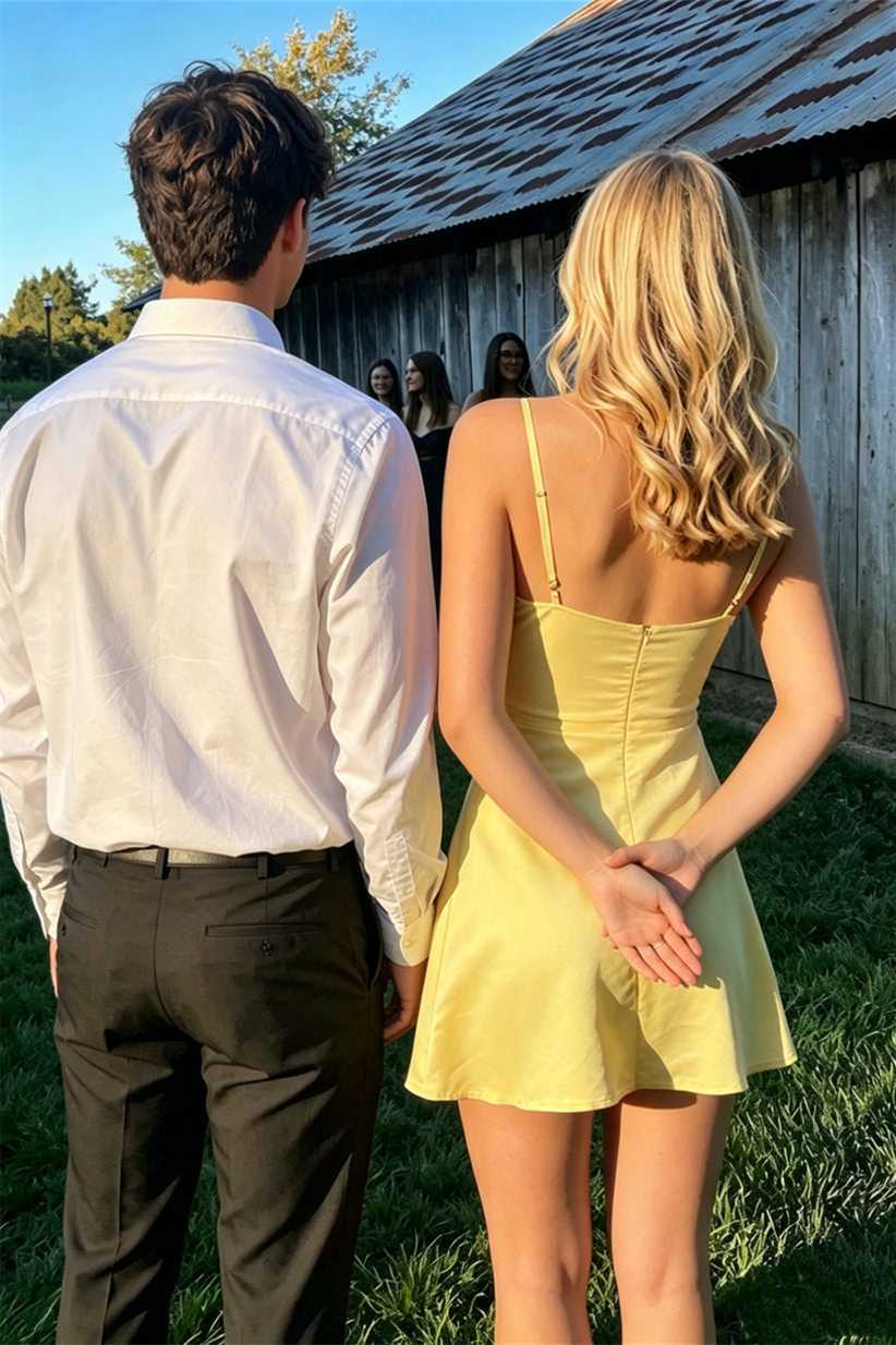 Cute Pale Yellow Spaghetti Strap Satin A-Line Homecoming Dress TP6014