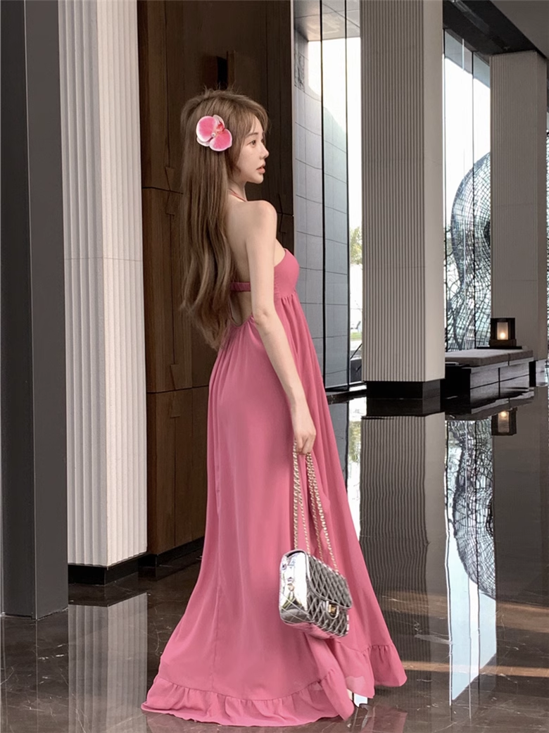 New Fashion Rose Pink Loose-fitting Design A-line Halter Dress TP3432
