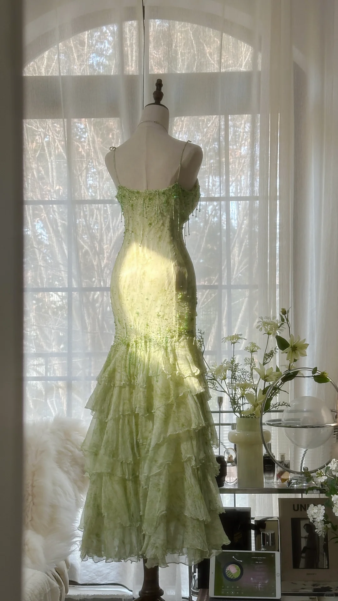 Elegant Green Fairy Mermaid Long Chiffon Spaghetti Strap Ball Gown Evening Dress Prom Dresses TP3967