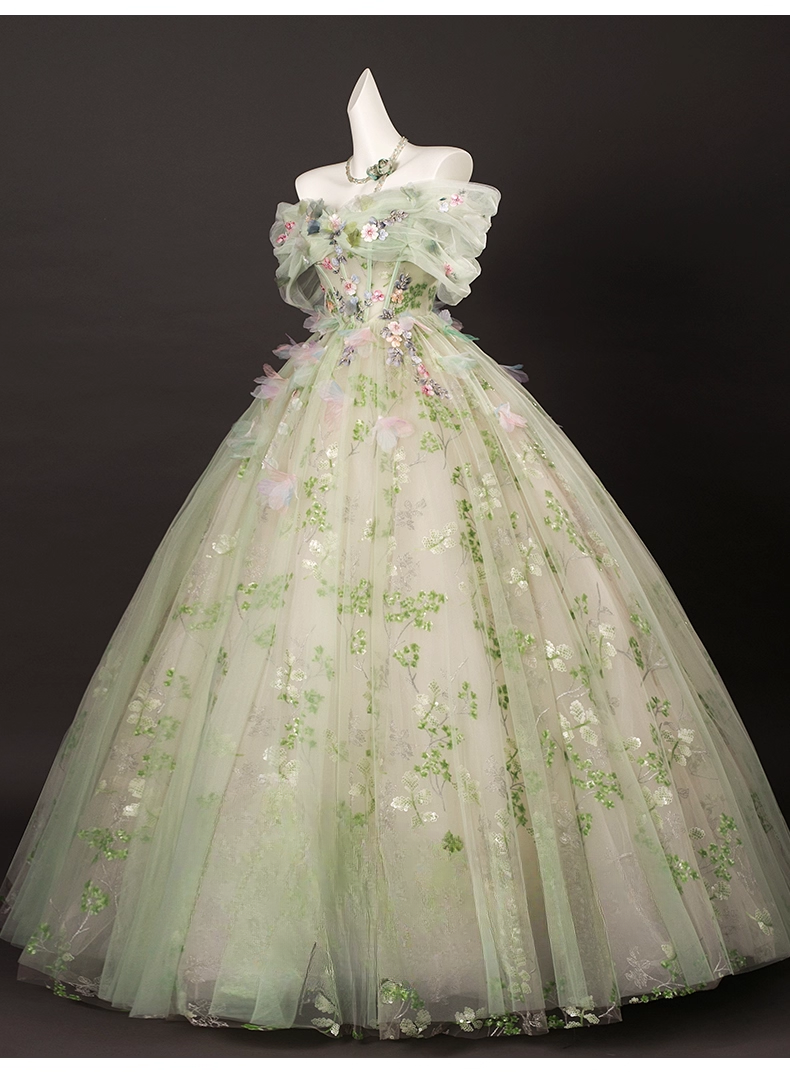 Elegant Light Green Tulle Floral Sweet 16 Quinceanera A-Line Off-the-shoulder Evening Dress Long Ball Gown TP4937