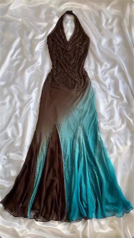 Retro Gradient Gorgeous Exquisite Beaded Halter Dress Long Chiffon Evening Gown Prom Dress TP4076