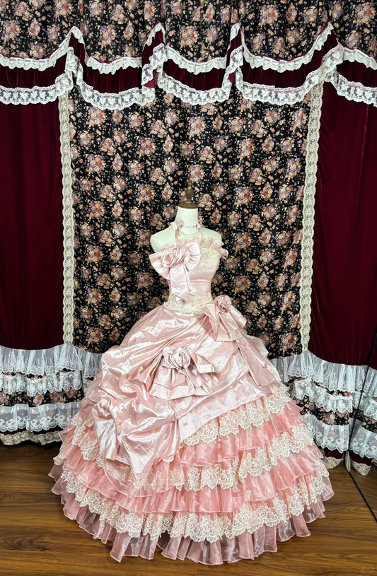 Vintage Pink Lace Satin Quinceanera A-Line Tiered Dress Evening Ball Gown TP4265