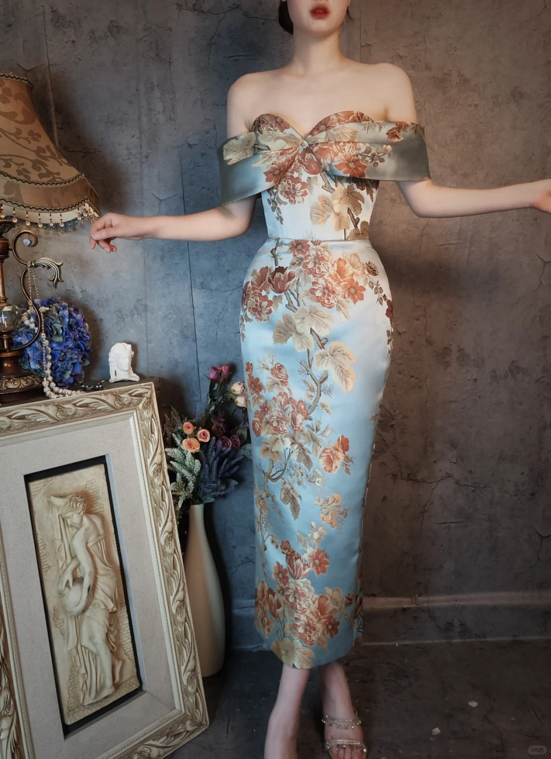 Vintage Floral Off-the-shoulder Sweetheart Design Elegant Satin Evening Dress Prom Dress TP4031