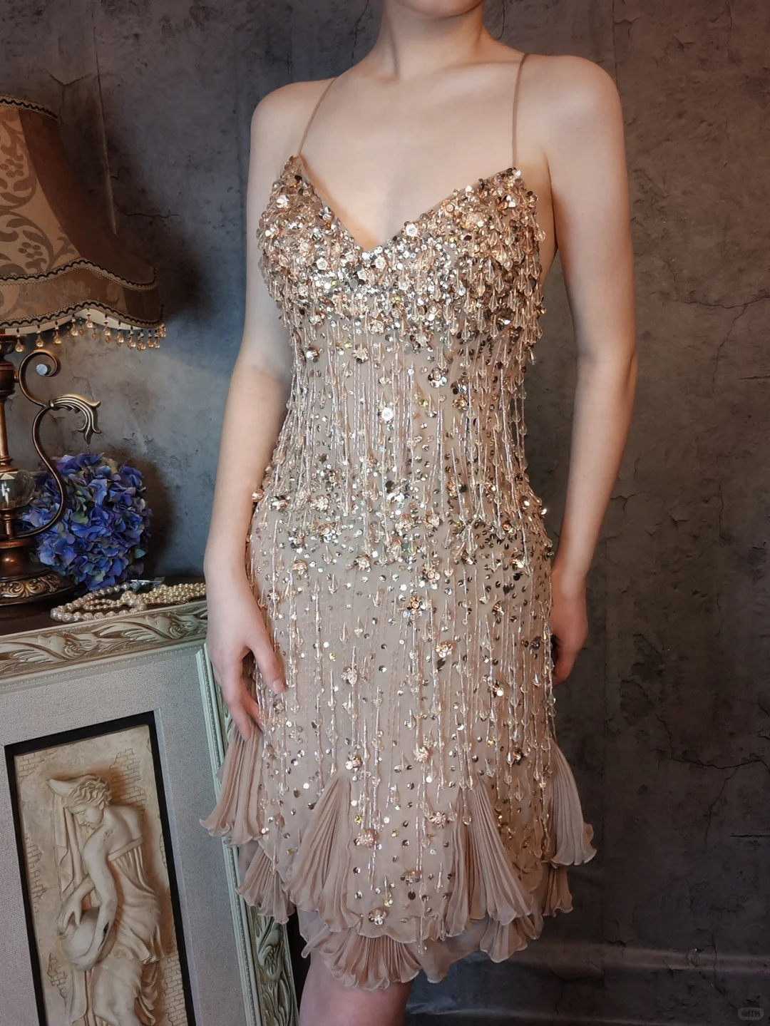 Vintage Champagne Spaghetti Strap V-neck Sparkling Beaded Design Elegant Chiffon Evening Dress Prom Dress TP4032