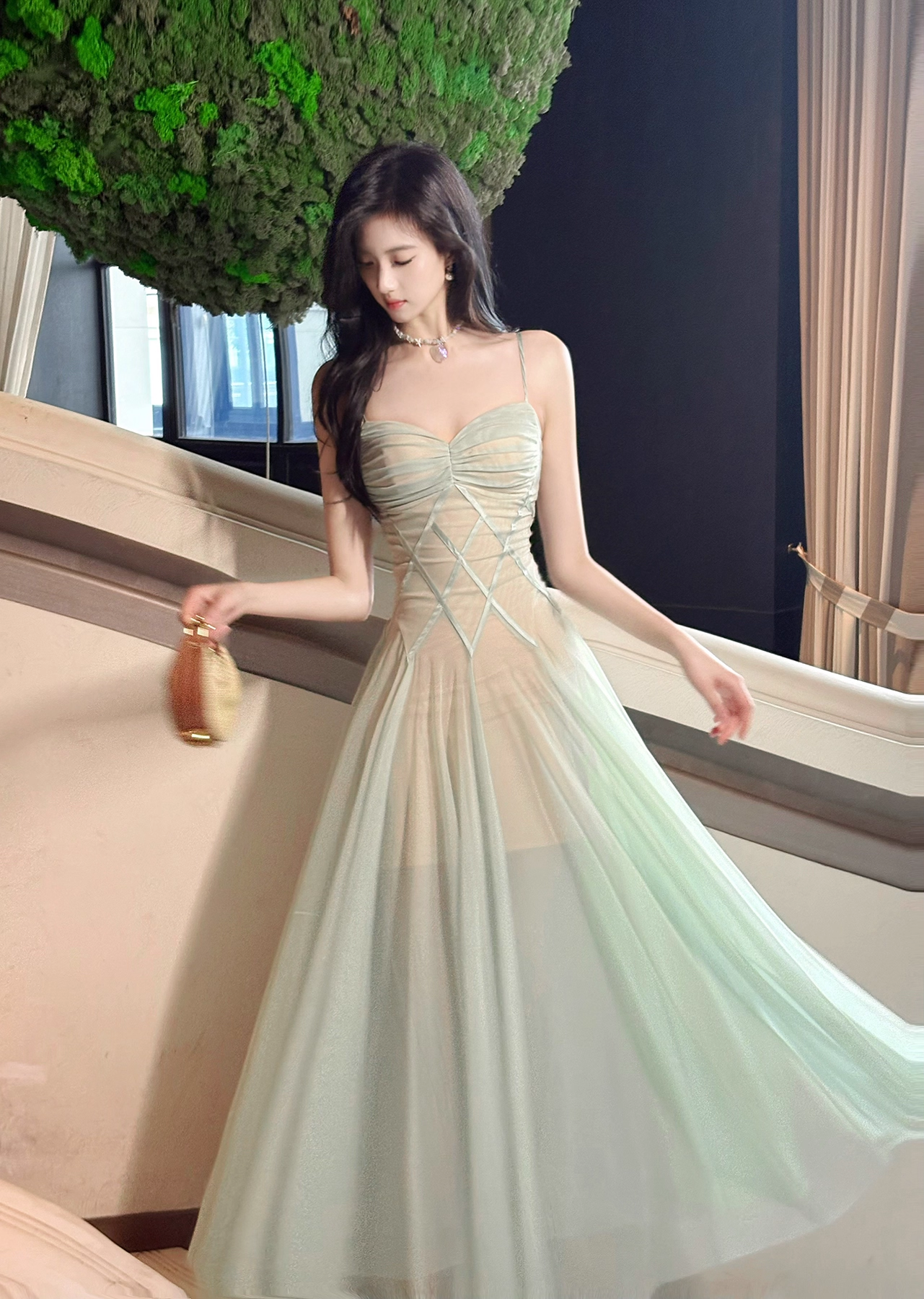 Vintage Sage Green Chiffon Prom Dress A-Line Spaghetti Strap Evening Dress Long Formal Dress TP4731