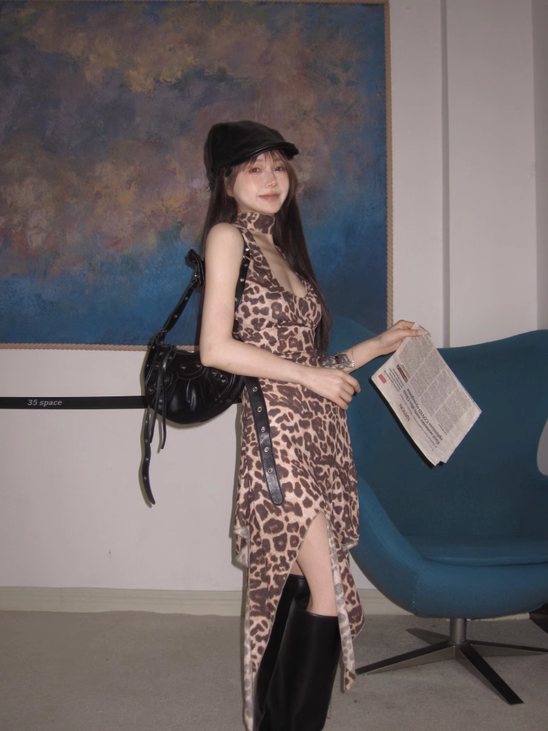 New Fashion Leopard Print Irregular Hem Design A-line Halter Dress TP3425