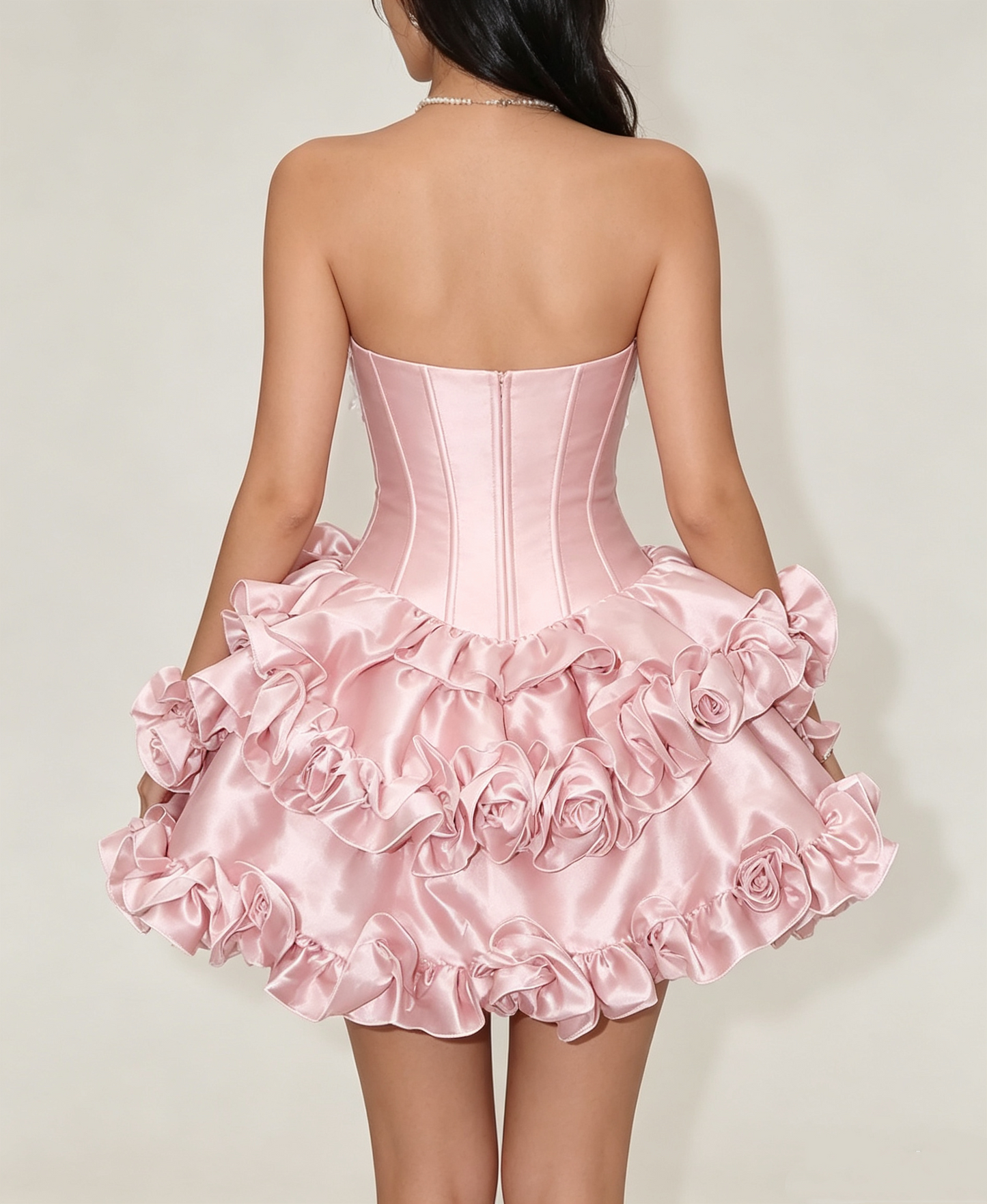 Vintage Pink Strapless Sweetheart 3D Rose Ruffle Satin A-Line Homecoming Dress TP6050