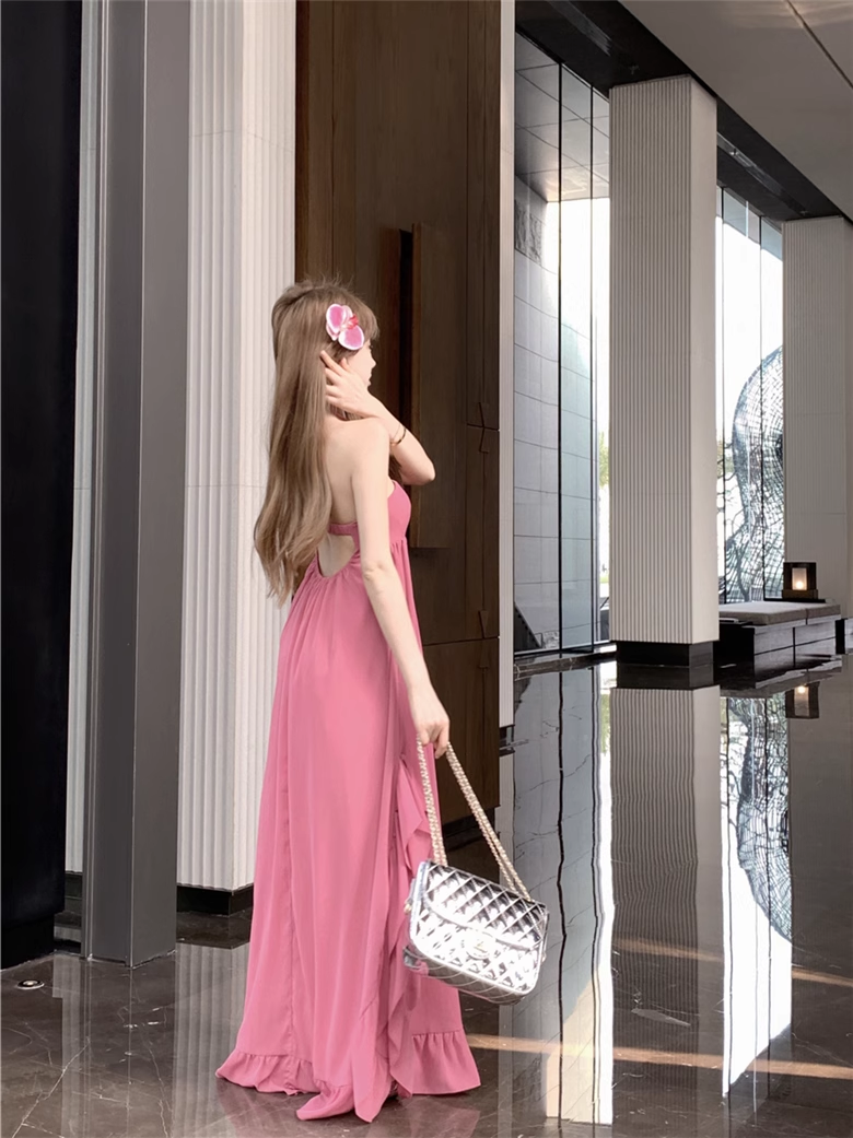 New Fashion Rose Pink Loose-fitting Design A-line Halter Dress TP3432