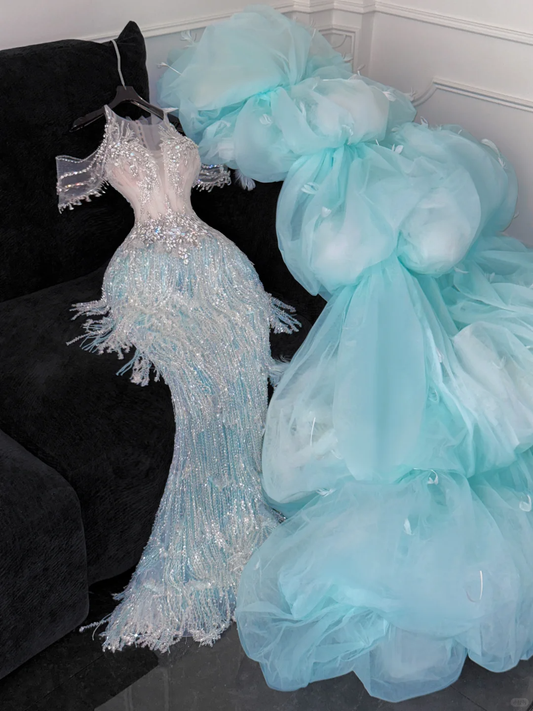 Shiny Light Blue Beaded Sequined Design Mermaid Prom Dress Evening Dress TP4218