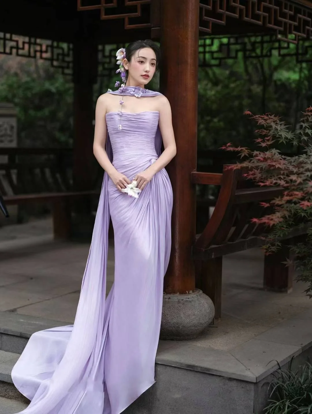 Elegant Light Purple Strapless Sheath Chiffon Long Evening Dress Prom Dresses TP4184